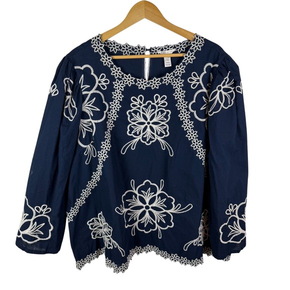 Cato Tops - Cato Floral Embroidered Boho Blouse Size 22/24W Navy Cotton Ramie Cottage Chic